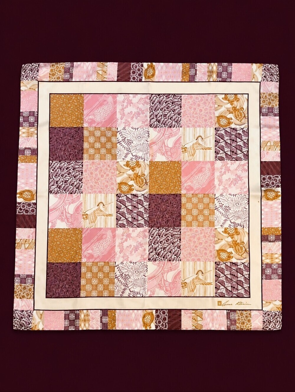 VTG ANNE KLEIN Pink Asian Patchwork Rolled Edge Scarf